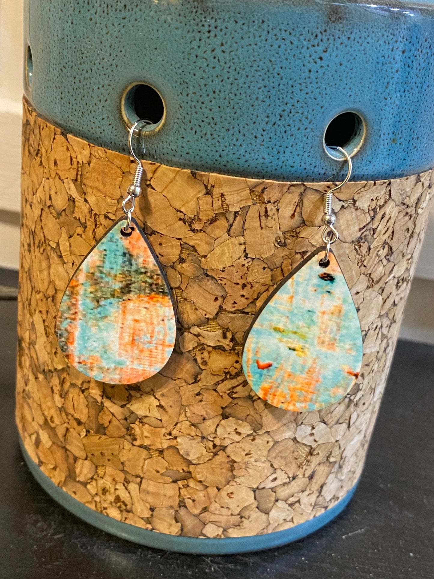 Blue Wood Grain Teardrop Earrings
