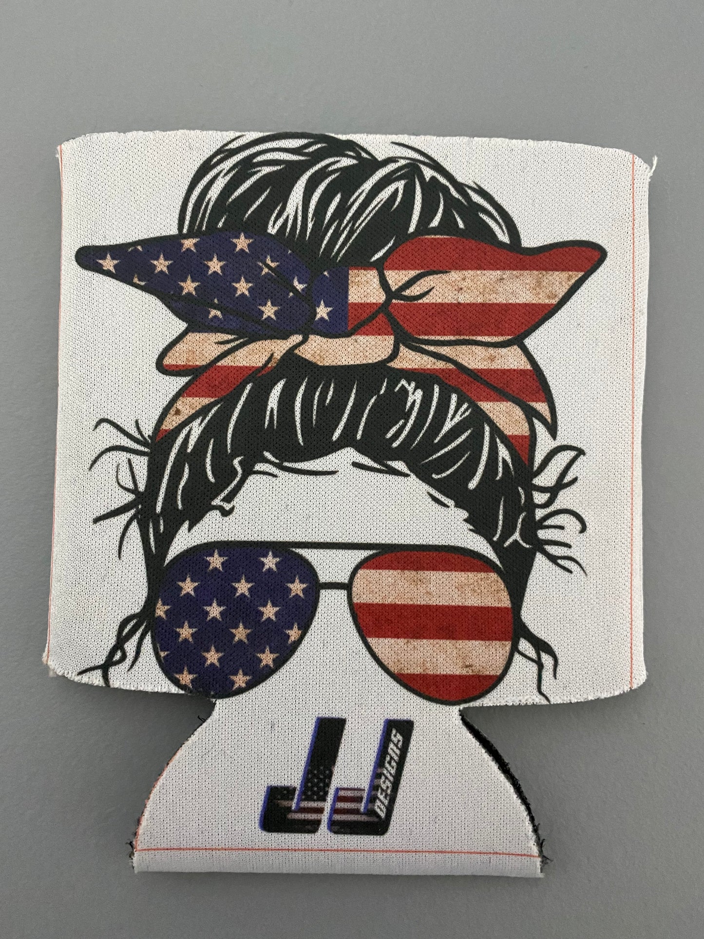 American Flag Messy Bun Girl Koozie