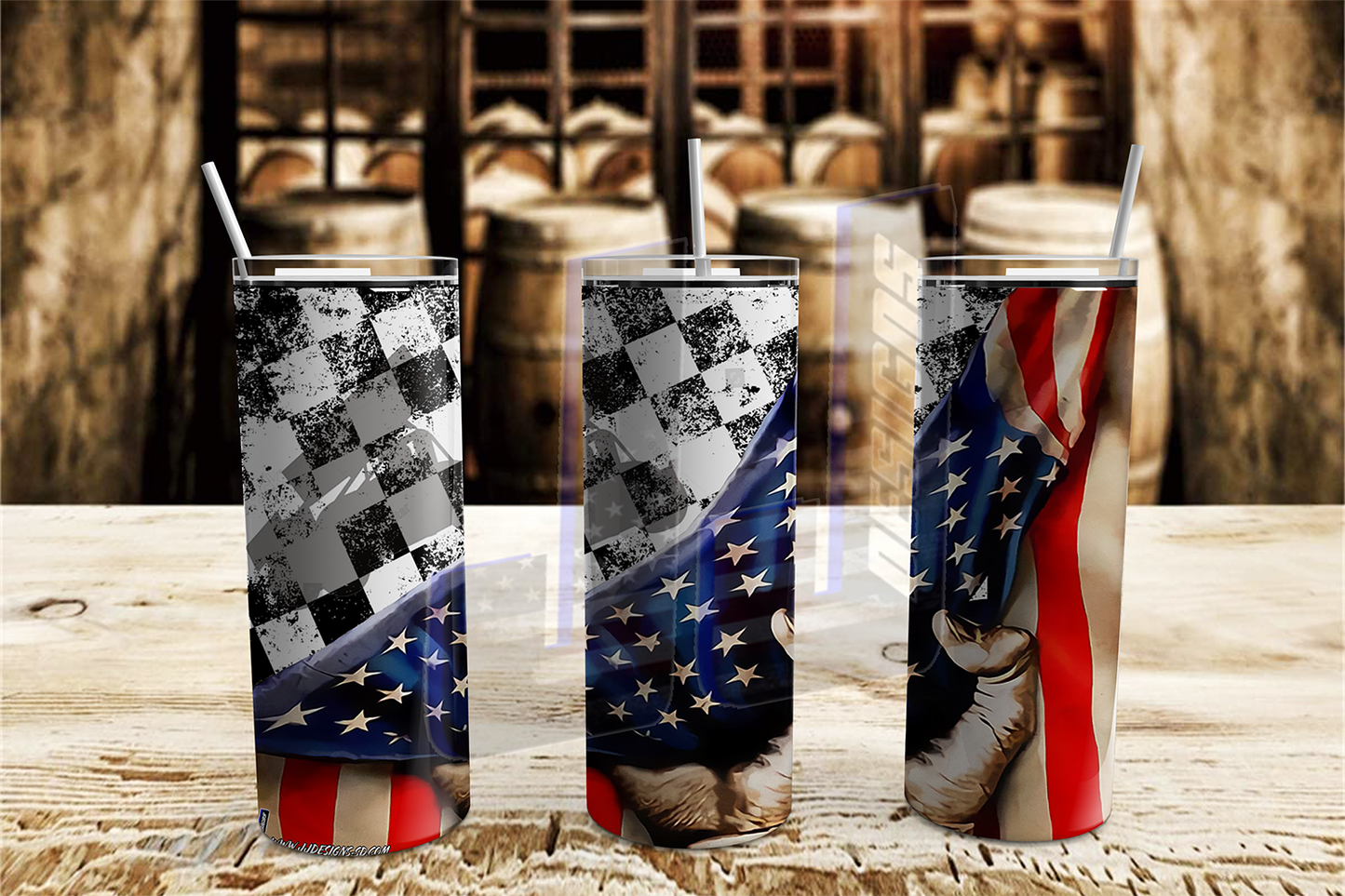 AMERICAN & CHECKERED FLAG WITH SRPINT CAR TUMBLER